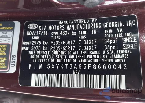 2015 Kia Sorento Lx z USA, uszkodzony, nr VIN 5XYKT3A65FG660042